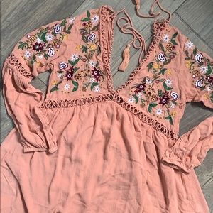 Altar’d State Embroidered Peach Mini Peasant Dress